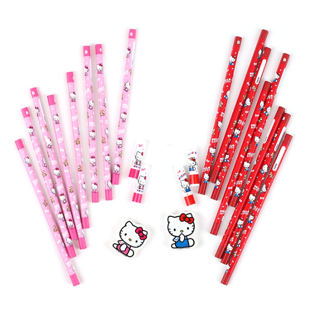 [8-in-1] Hello Kitty Cute Stationery 4pcs B Type Wooden Lead Pencils & 4pcs  Figure Pencil-Top Set (Red)