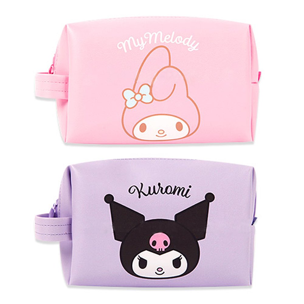 Sanrio Characters My Melody Kuromi Faux Leather Character Face Printed Multi-Pouch with Handle and Zipper detail